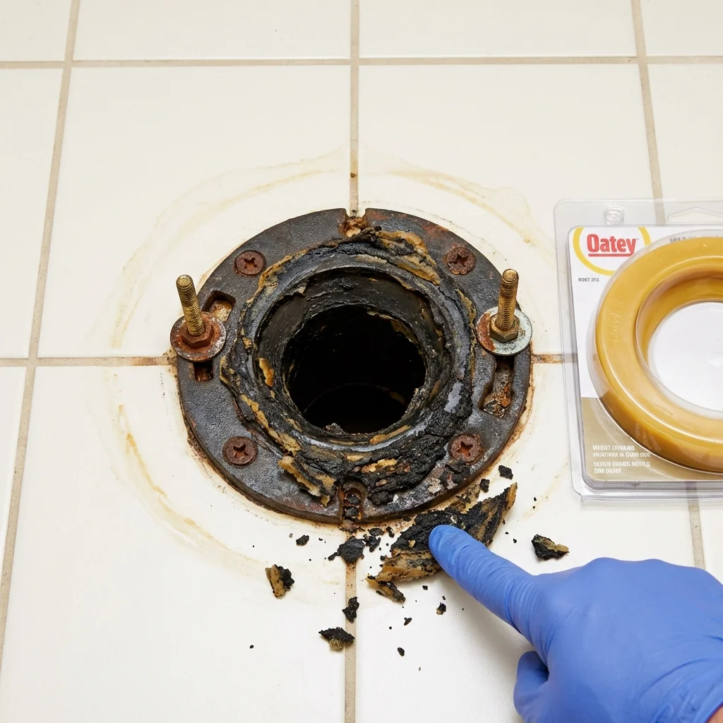 Failed wax ring showing water seepage at the base of a toilet in a Shelby, MS home