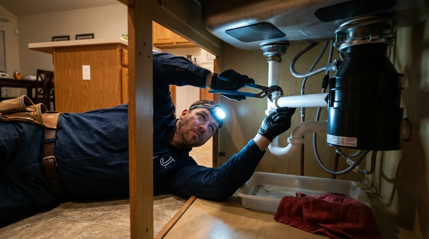 P-trap and supply line connections under a kitchen sink showing a common leak point in Shelby, MS